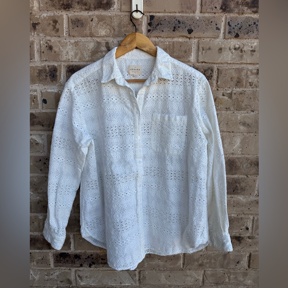 Sezane Ecru White Eyelet Button down Long Sleeve Shirt Sz 40